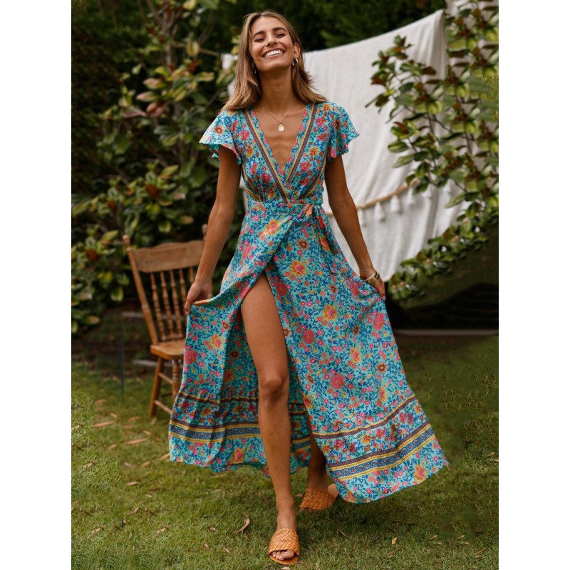 Bohemian Dresses Light Sky Blue Split V-Neck Short Sleeves Floral Print Boho Long Dress Maxi Beach