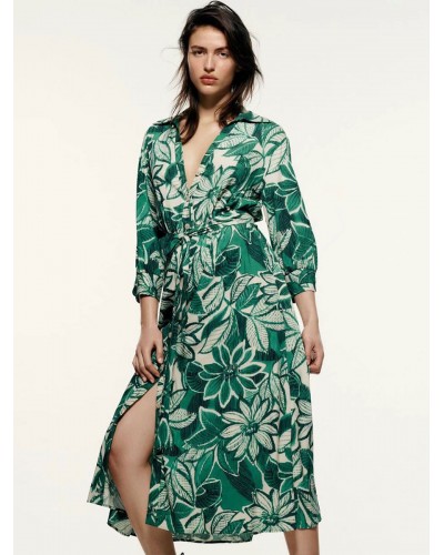 Floral Dresses Dark Green V-Neck 3/4-Length Sleeve Midi Dress Shirt Summer