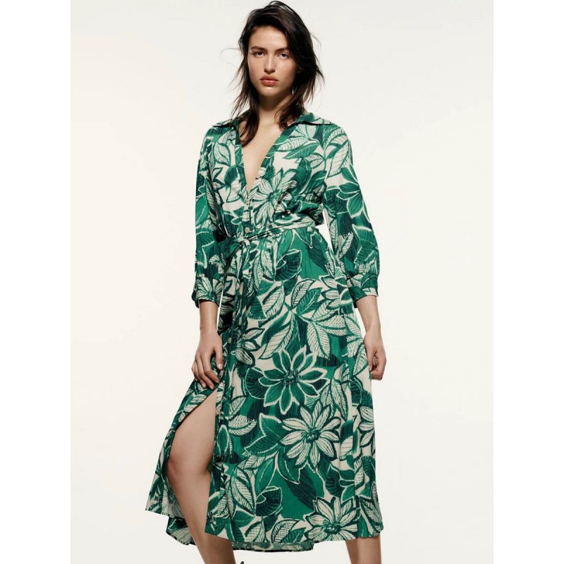 Floral Dresses Dark Green V-Neck 3/4-Length Sleeve Midi Dress Shirt Summer