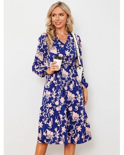 Floral Print Casual V-Neck Long Sleeves Midi Dress Bohemian Dating Resort Wear