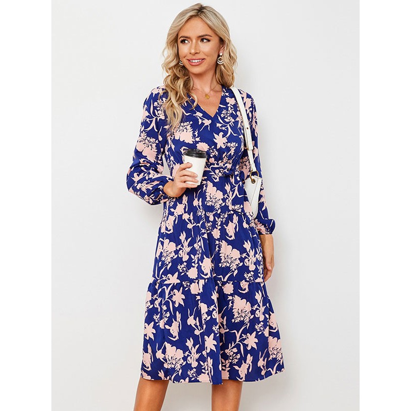 Floral Print Casual V-Neck Long Sleeves Midi Dress Bohemian Dating Resort Wear