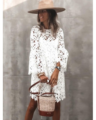 Women Lace Dresses White Jewel Neck 3/4 Length Sleeves Lace Casual Midi Dresses Sweet Spring Summer