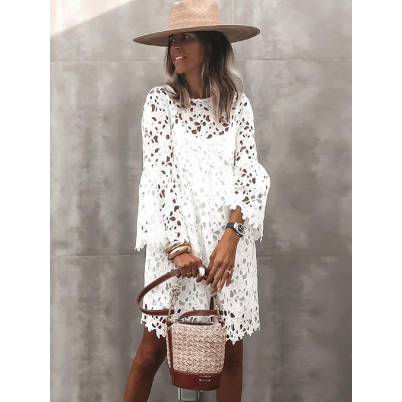 Women Lace Dresses White Jewel Neck 3/4 Length Sleeves Lace Casual Midi Dresses Sweet Spring Summer