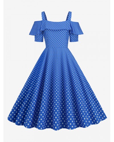 Women Dress 1950s Bateau Neck Short Sleeves Medium Polka Dot Rockabilly Dress Vintage Casual Summer