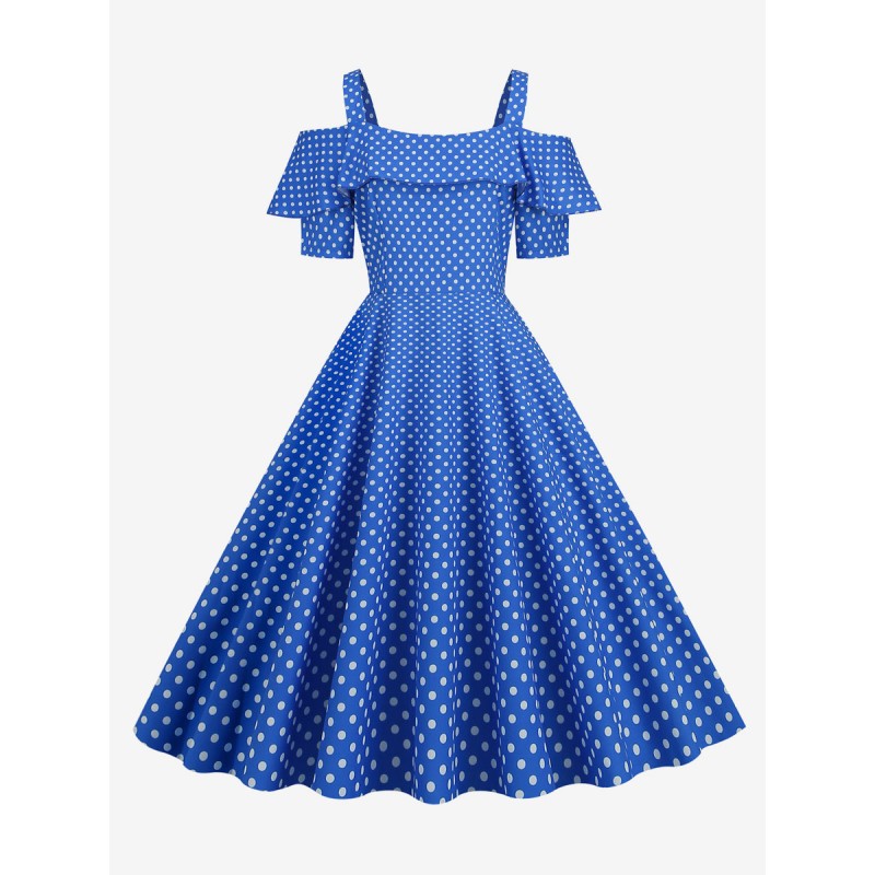 Women Dress 1950s Bateau Neck Short Sleeves Medium Polka Dot Rockabilly Dress Vintage Casual Summer