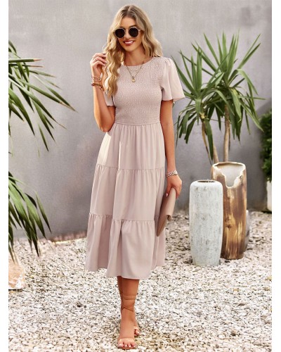 Casual Jewel Neck Short Sleeves Midi Dress Summer Beach