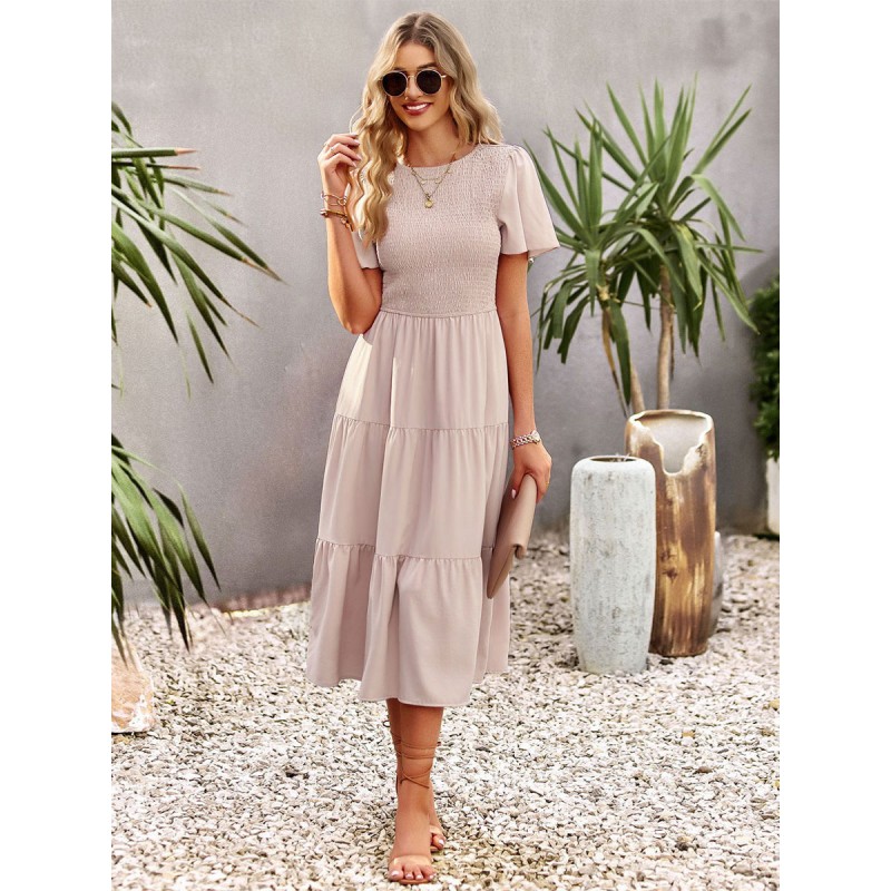 Casual Jewel Neck Short Sleeves Midi Dress Summer Beach