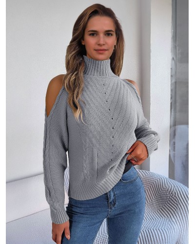 Women Pullovers White Cut Out High Collar Long Sleeves Open Shoulder Acrylic Sweaters Chic  Modern Casual Spring Fall Winter