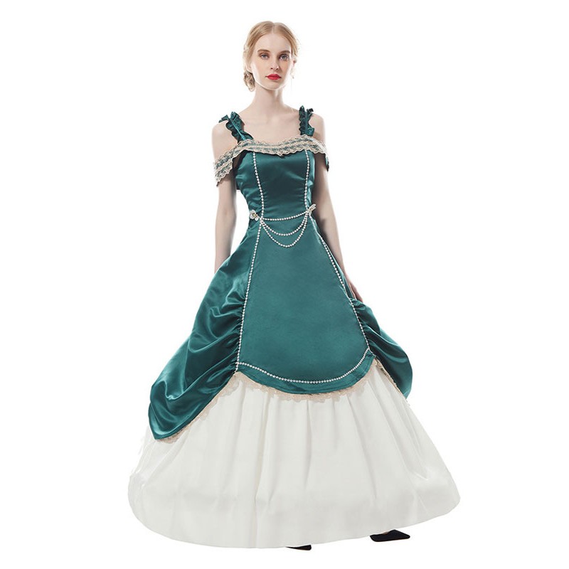 Retro Princess Dress Masquerade Victorian Strap Dress Medieval Royal Women Green Ball Gowns Theater Costume Victorian Era Mardi Gras Halloween