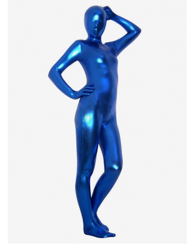 Halloween Unisex Royal Blue Latex Shiny Metallic Zentai Suit Solid