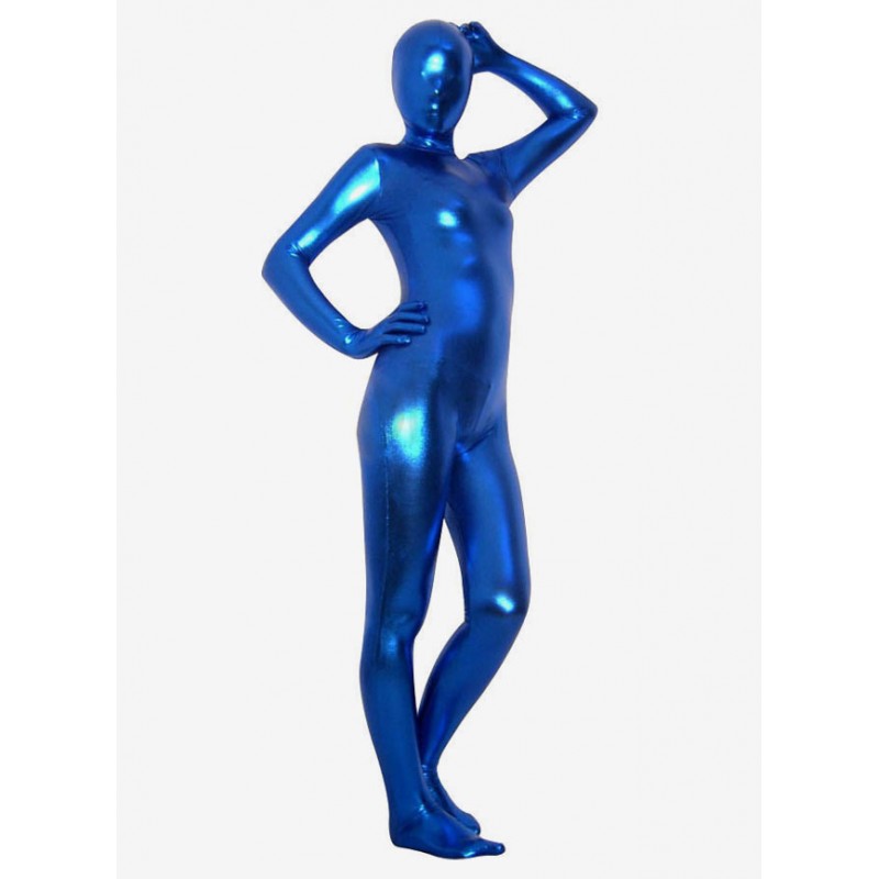 Halloween Unisex Royal Blue Latex Shiny Metallic Zentai Suit Solid