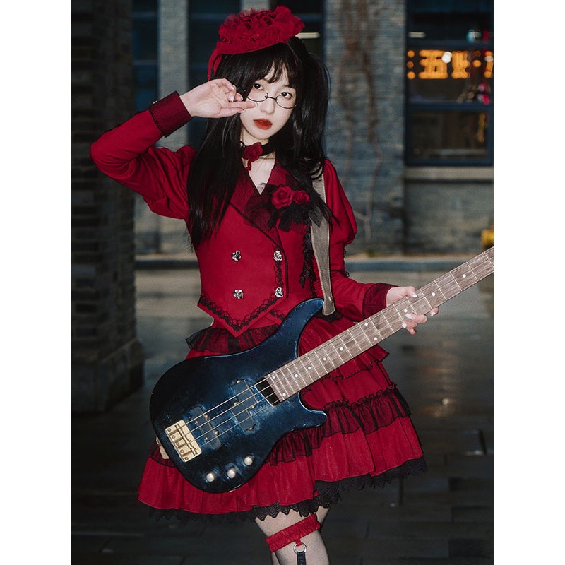 Lolita Outfits Red Ruffles Lace Rose Long Sleeves Skirt Top Steampunk Gothic