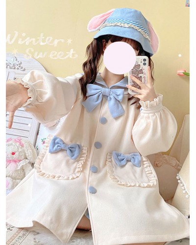 Sweet Lolita S Bows Ruffles Overcoat Polyester Blue Winter Lolita Outwears Coat Daily Casual