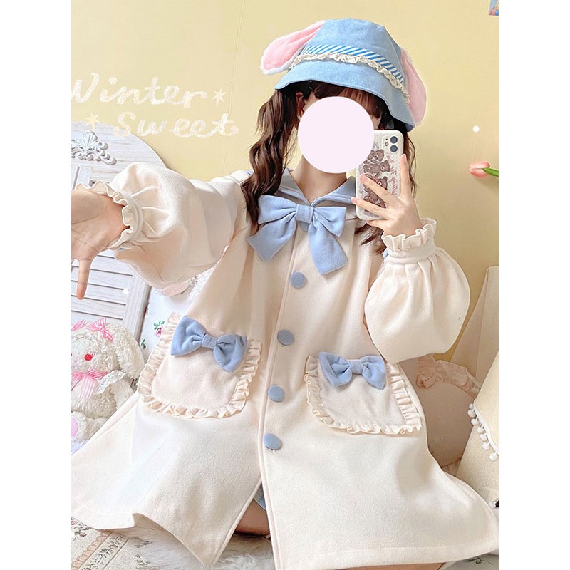 Sweet Lolita S Bows Ruffles Overcoat Polyester Blue Winter Lolita Outwears Coat Daily Casual