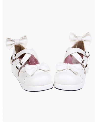 Sweet White Lolita Flats Shoes Platform Bow Decor With Trim