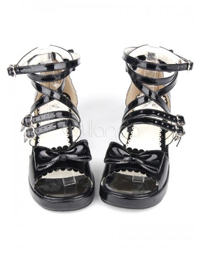 PU Leather Black Low Heel Round Toe Lolita Sandals