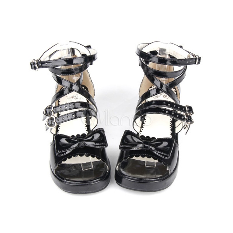 PU Leather Black Low Heel Round Toe Lolita Sandals