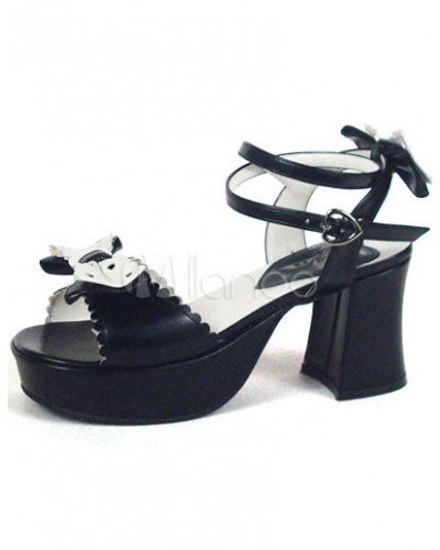 Black And White 3'' Chunky Heel Platform Bow Ankle Strap Lolita Sandals