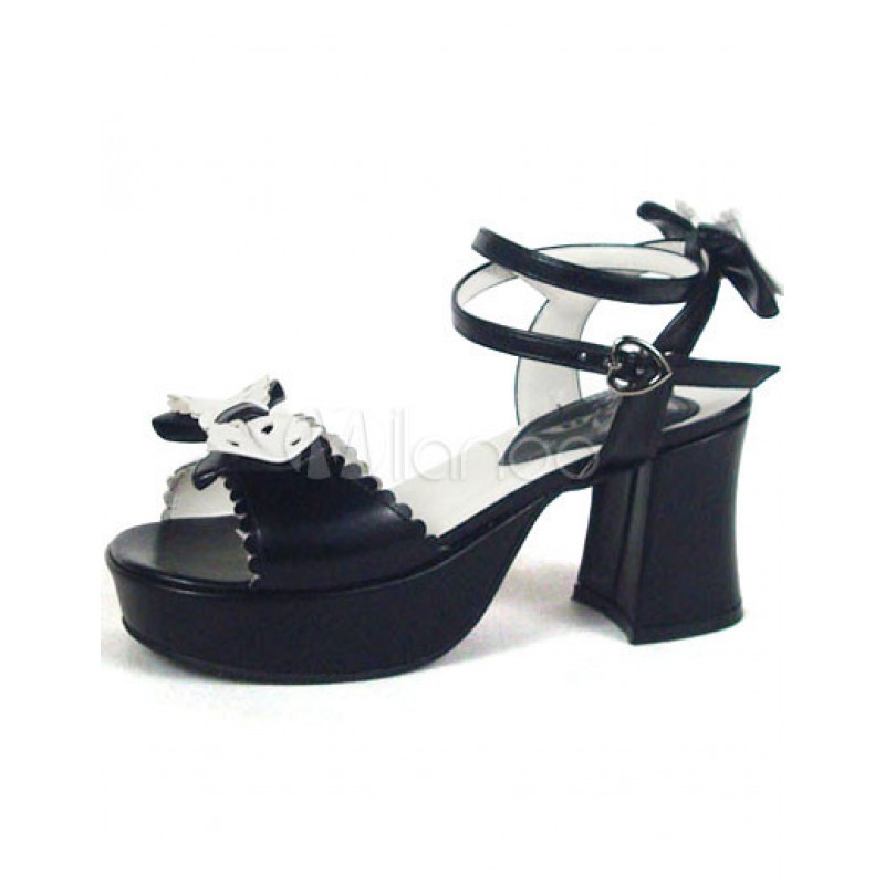 Black And White 3'' Chunky Heel Platform Bow Ankle Strap Lolita Sandals