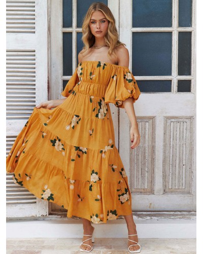 Women Dress Bateau Neck Printed Layered Yellow Medium Beach Dress Bohemian Summer