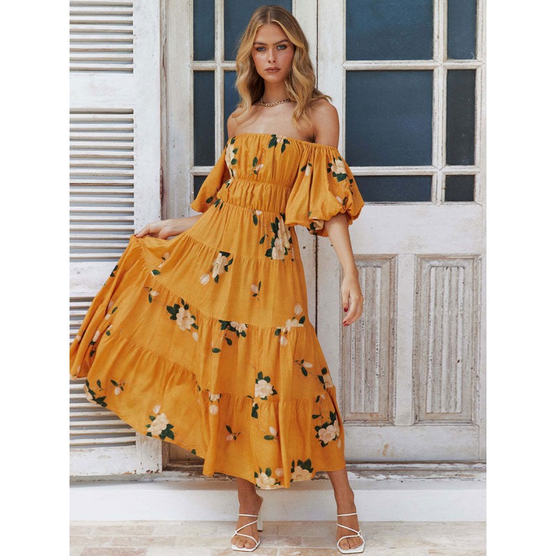 Women Dress Bateau Neck Printed Layered Yellow Medium Beach Dress Bohemian Summer