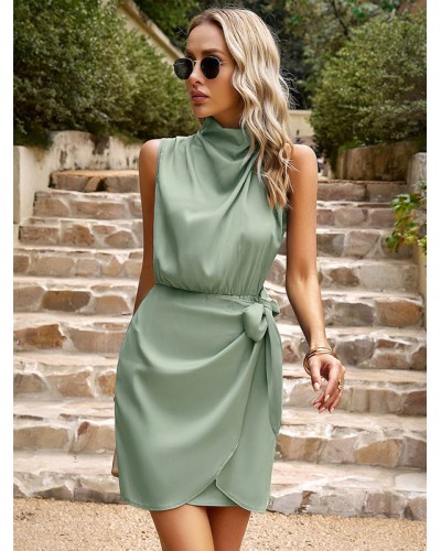 Summer Dresses Blue High Collar Pleated Matte Satin Beach Dress Mini Street Wear Daily Casual