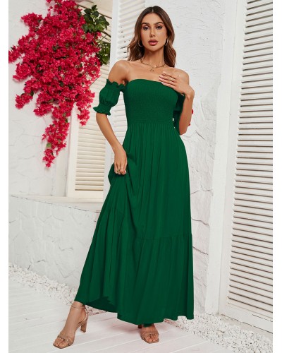 Summer Dress Bateau Neck Pleated Blue Long Beach Dress Maxi Daily Casual Street Wear