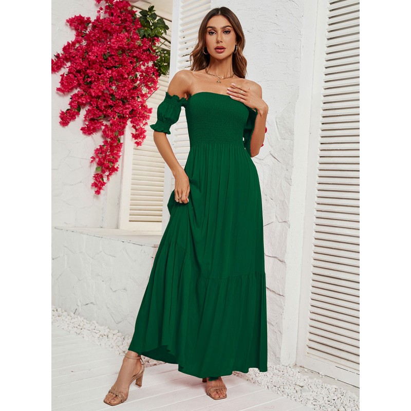 Summer Dress Bateau Neck Pleated Blue Long Beach Dress Maxi Daily Casual Street Wear