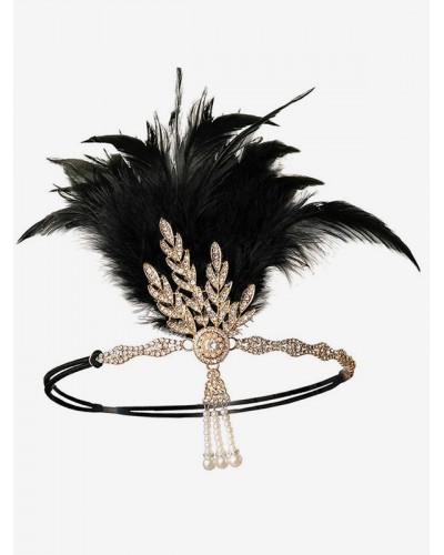 Women Flapper Dress Accessories Feather Rhinestone Halloween Black Flapper Headband 1920s Great Gatsby Accessory Vintage