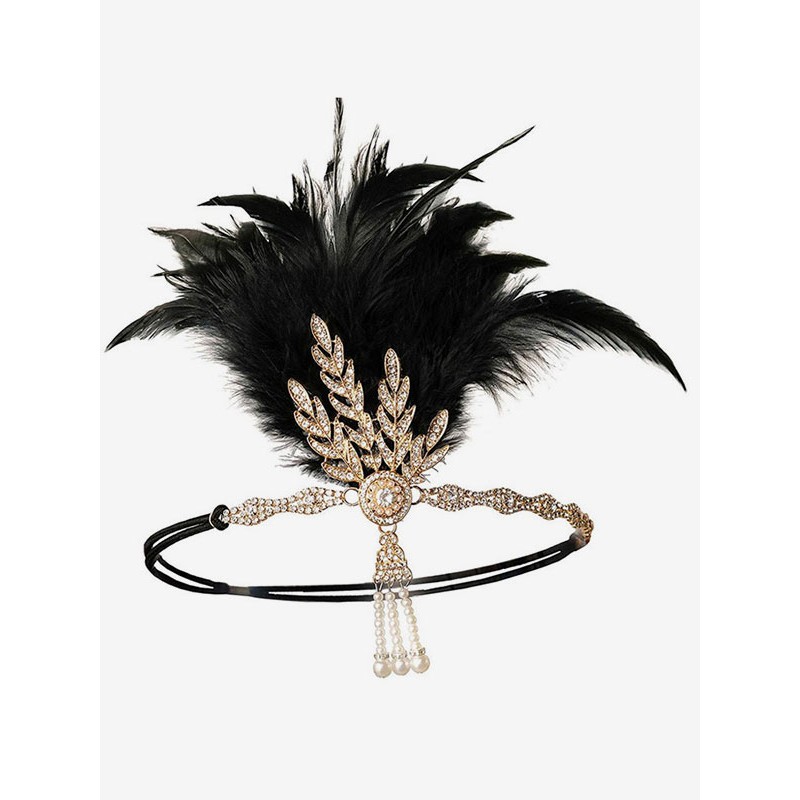 Women Flapper Dress Accessories Feather Rhinestone Halloween Black Flapper Headband 1920s Great Gatsby Accessory Vintage