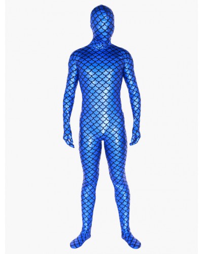 Unisex Morph Suit Blue Fish Pattern Zentai Suit Full Body Shiny Metallic Bodysuit Patterned