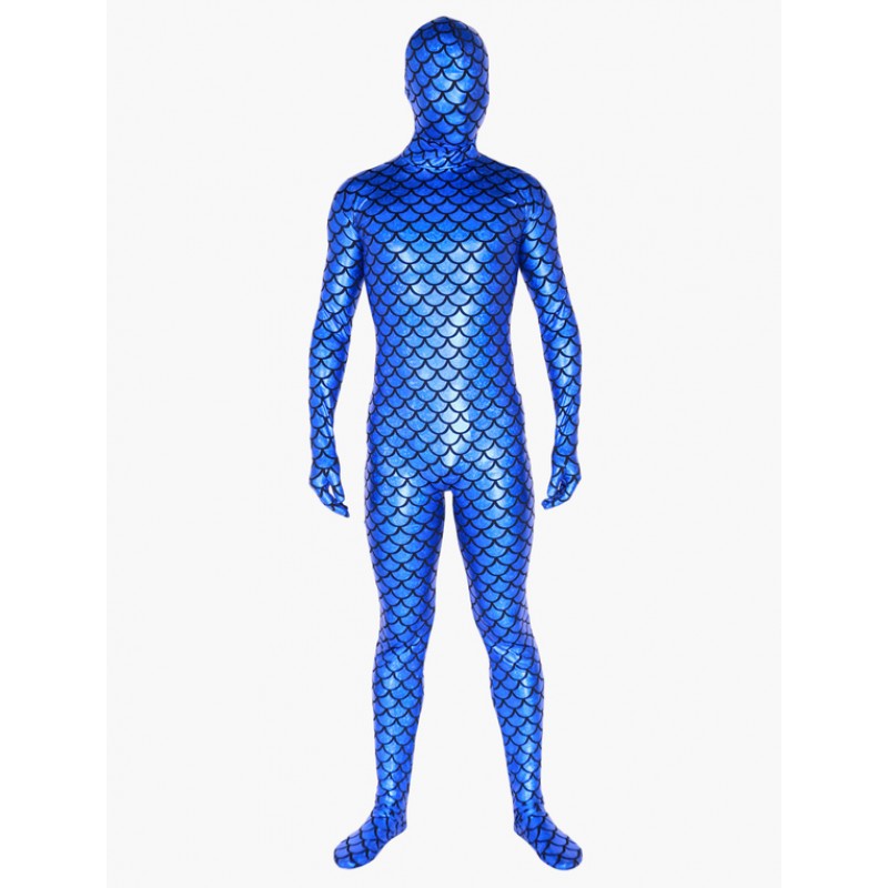 Unisex Morph Suit Blue Fish Pattern Zentai Suit Full Body Shiny Metallic Bodysuit Patterned