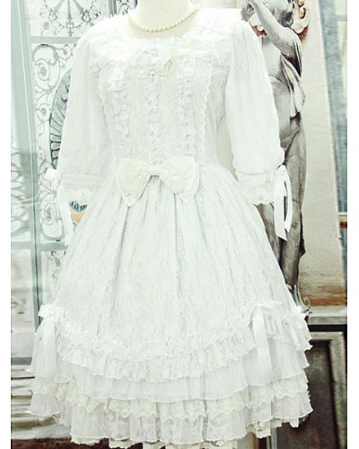 White Lolita Dress With Lace Bow Cotton For Women Wedding