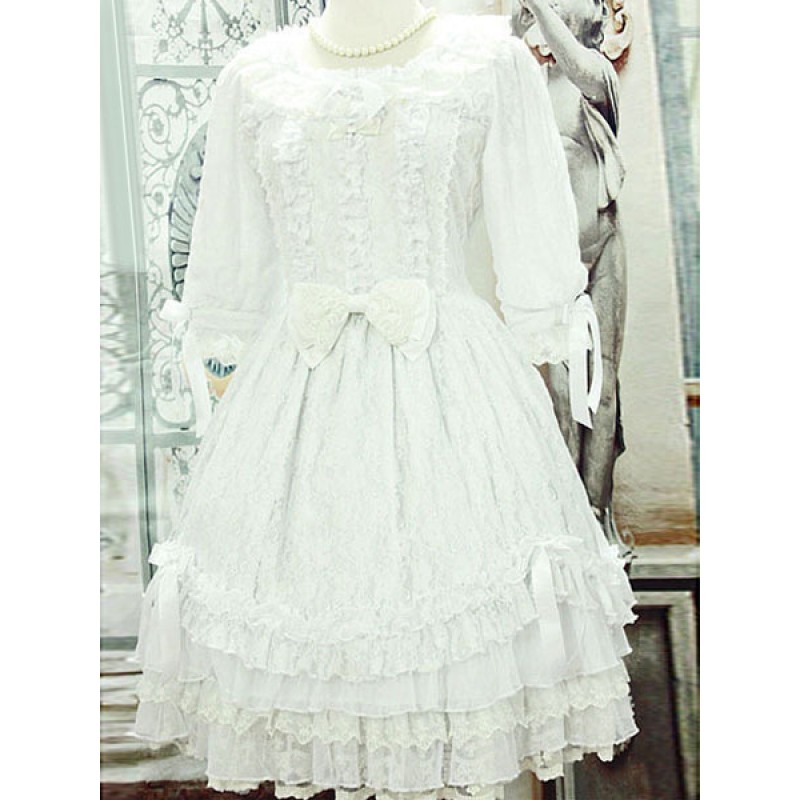 White Lolita Dress With Lace Bow Cotton For Women Wedding