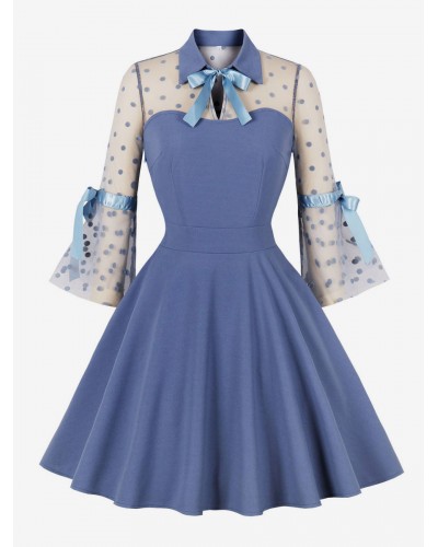 Dress 1950s Audrey Hepburn Style Blue Two-Tone Woman's Long Sleeves Rockabilly Dress Bodycon Retro Fall