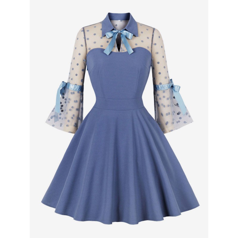 Dress 1950s Audrey Hepburn Style Blue Two-Tone Woman's Long Sleeves Rockabilly Dress Bodycon Retro Fall