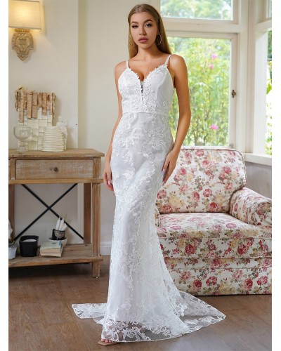 Dresses White V-Neck Lace Sleeveless Bridal Wedding Dress Sexy Party