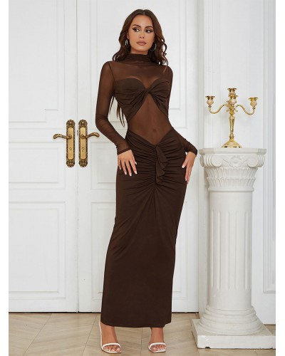 Dress High Collar Long Sleeves Sexy Layered Pleated Floor Length Dress Maxi Party Night Out Rave Club