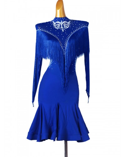 Latin Dance Dresses Blue Women's Polyester Dress Rhinestones Fringe Latin Dancer Dancing Costume Sexy Ball