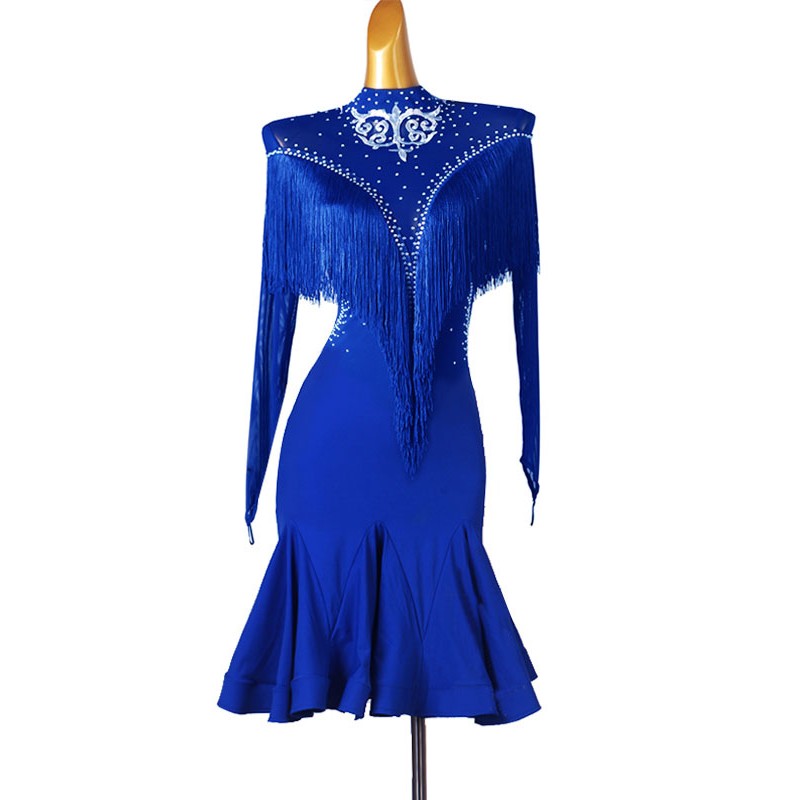 Latin Dance Dresses Blue Women's Polyester Dress Rhinestones Fringe Latin Dancer Dancing Costume Sexy Ball