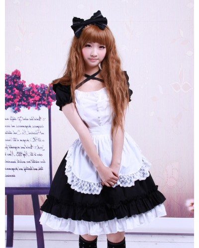 Sweet Black Cotton Maid Lolita One-piece White Apron Short Sleeves Lace Trim Summer Tea Party