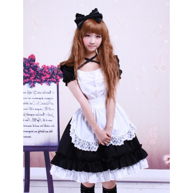 Sweet Black Cotton Maid Lolita One-piece White Apron Short Sleeves Lace Trim Summer Tea Party