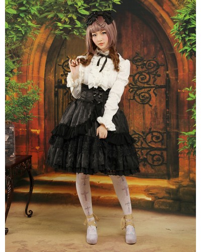 Gothic Style Black Ruffles Jacquard Lolita Skirts Fall Tea Party