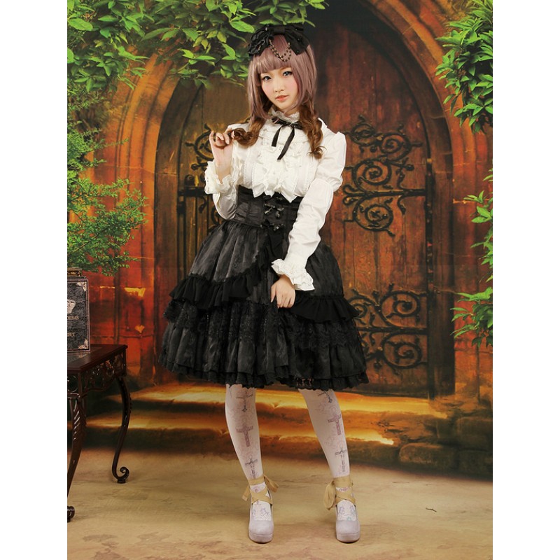 Gothic Style Black Ruffles Jacquard Lolita Skirts Fall Tea Party