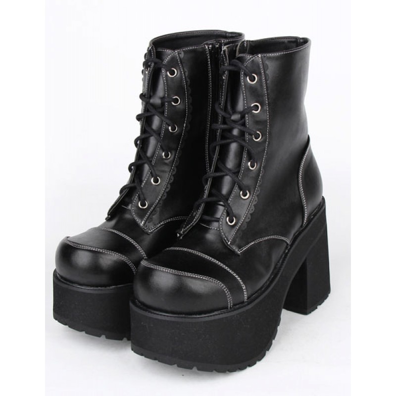 Black Leather Lolita Heel Boots For Girls Party