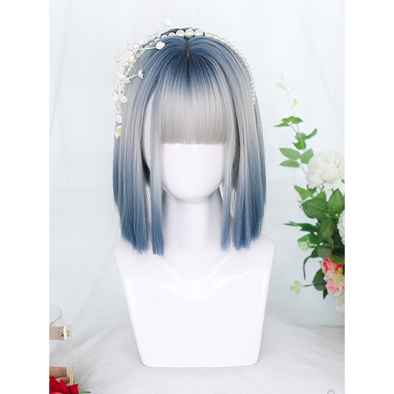 Blue Gray Lolita Wig Short Heat-resistant Fiber Lolita Accessories