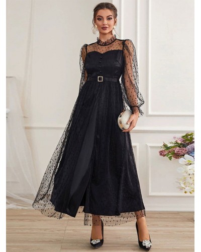 Women Polka Dot Sheer Casual Jewel Neck Long Sleeves Sash Dresses Elegant Spring Fall