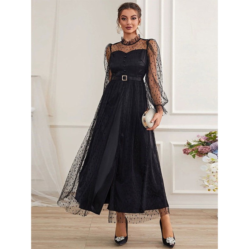 Women Polka Dot Sheer Casual Jewel Neck Long Sleeves Sash Dresses Elegant Spring Fall