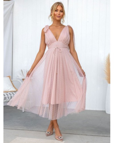 Women Midi Dress Pink V-Neck Lace Up Tulle Beach Dress Elegant Summer