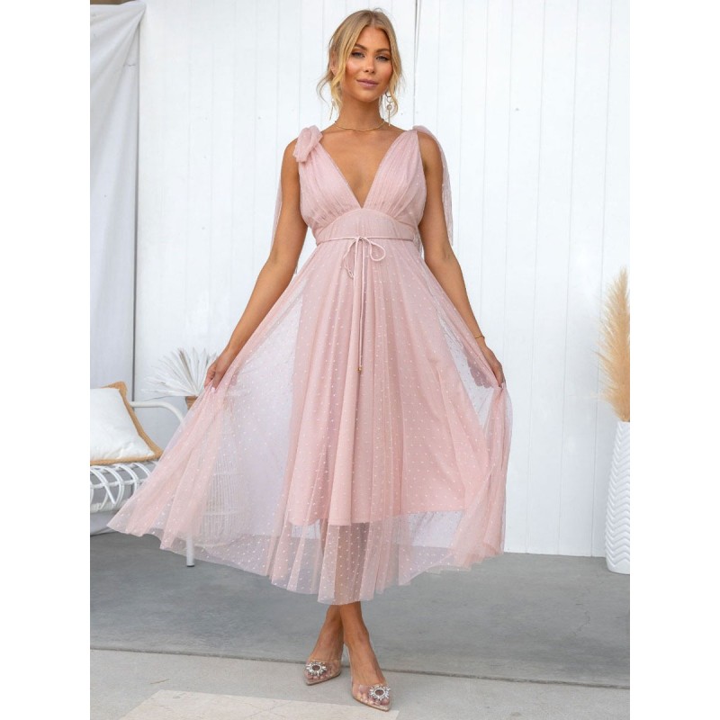 Women Midi Dress Pink V-Neck Lace Up Tulle Beach Dress Elegant Summer